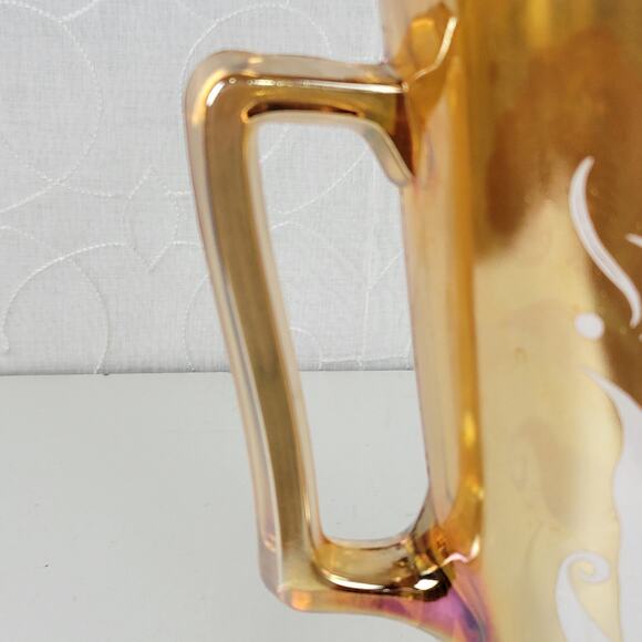 Vintage Jeanette Marigold Pitcher 9" Amber Peach Carnival Glass‎ Feather - Picture 4 of 13